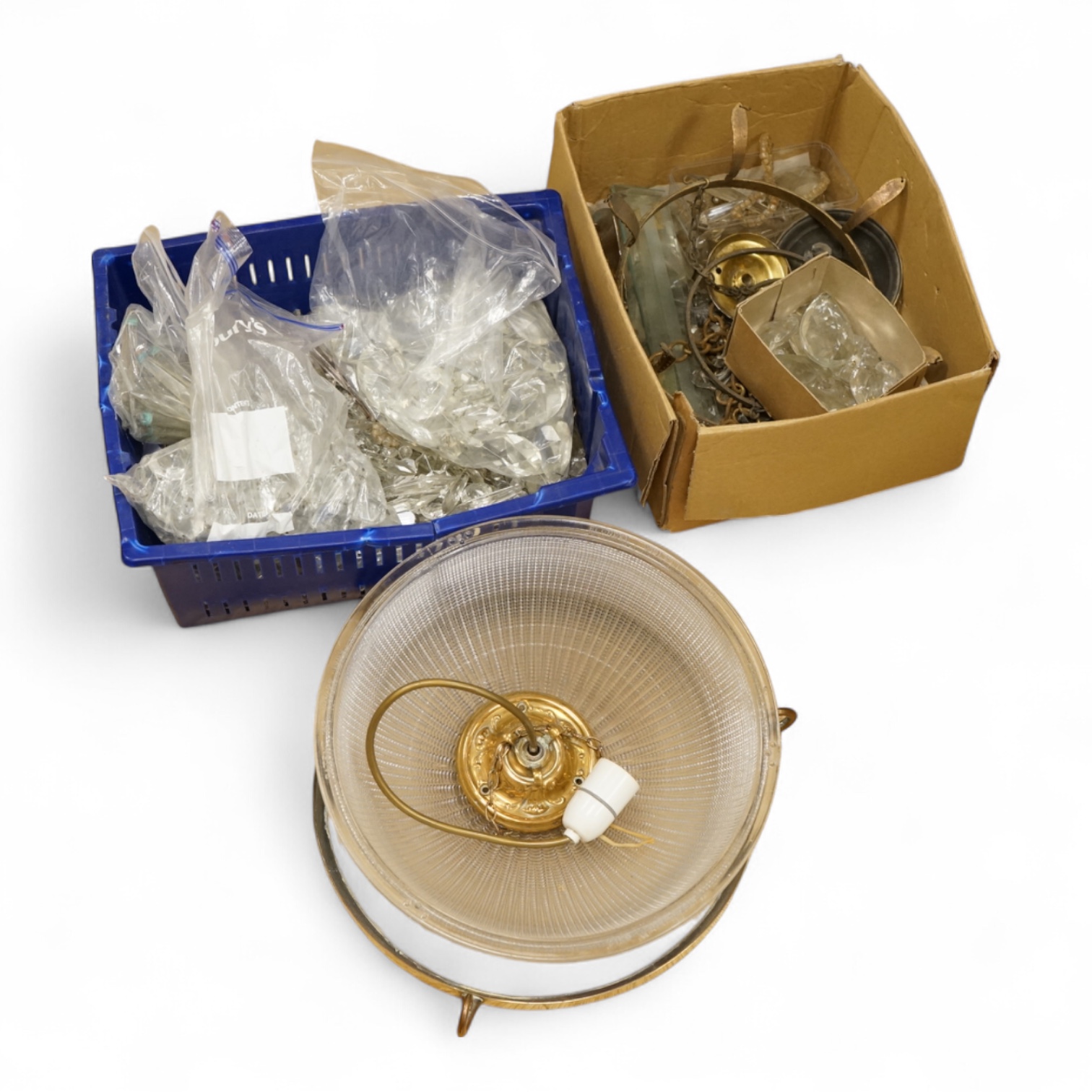 A collection of lustre drops, and a Holophane pressed glass ceiling shade, latter 30cm